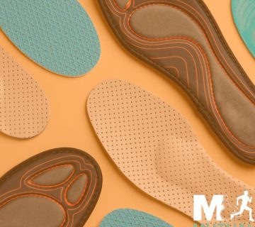 Assorted orthopedic insoles in different shapes and colors are displayed on a light orange background with a Mutual Orthopedics logo in the corner