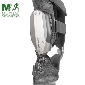 Close-up of a black and silver Ottobock orthopedic leg brace with adjustable straps, shown next to the Mutual Orthopedics logo on a white background.